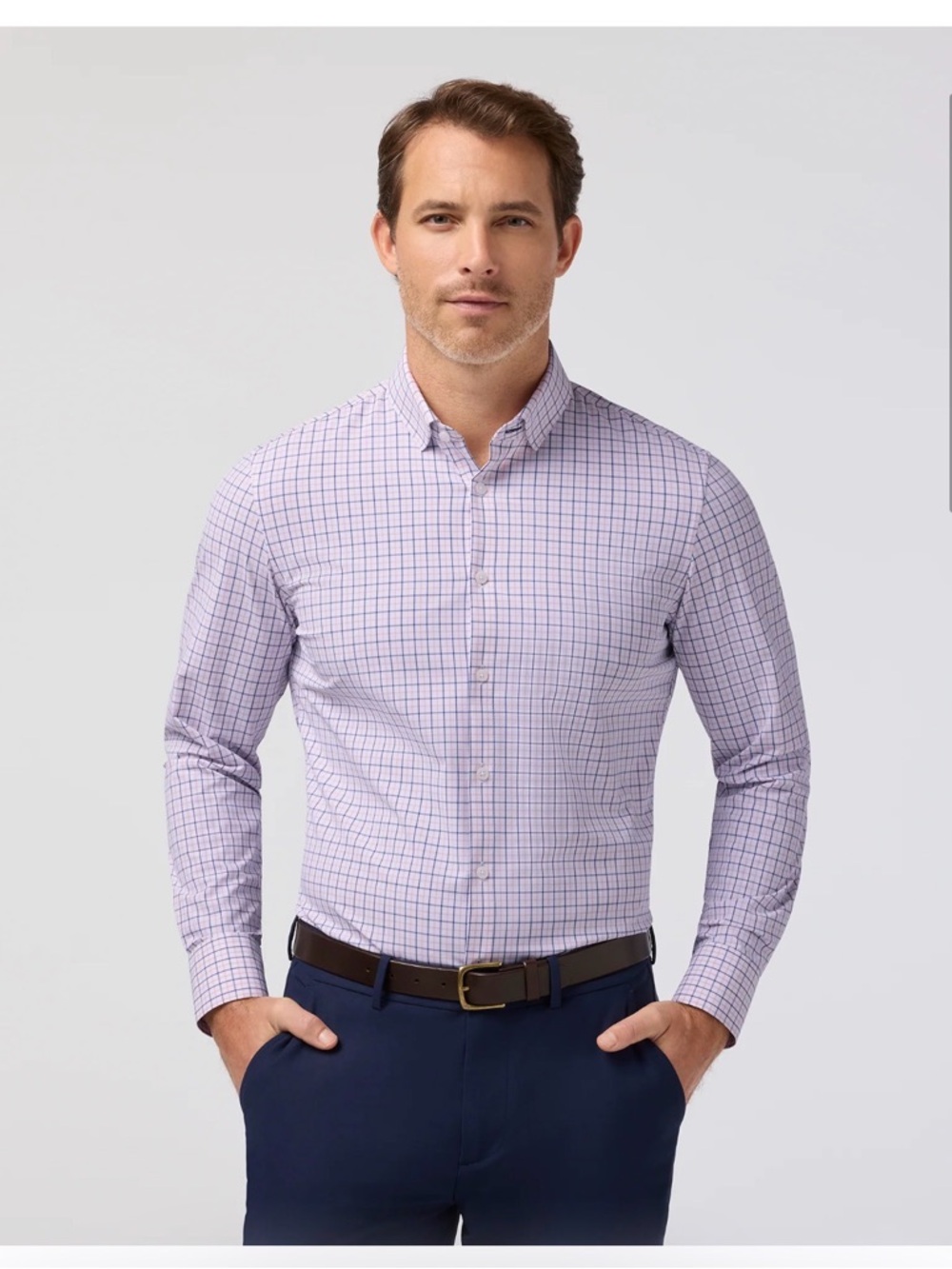 Mizzen+Main White Dress Shirt with Blue and Pink Windowpane
